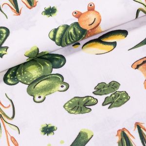 Bavlněné plátno dětské POLO žáby na smetanové, š.140cm (látka v metráži)