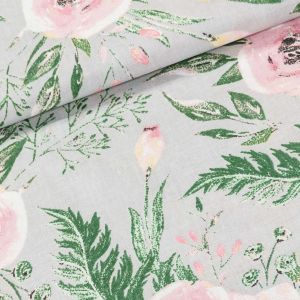 Bavlněné plátno POLO růžové květy s listy na šedé, š.160cm (látka v metráži)