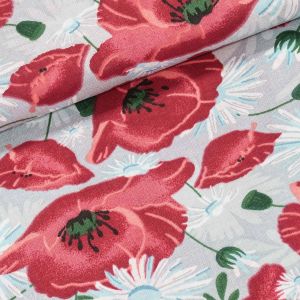 Bavlněné plátno POLO vlčí máky s kopretinami, červená, š.140cm (látka v metráži)