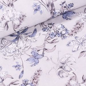 Bavlněné plátno TREND LEVILA-A 2 AZUL, fialové květy béžové, š.150cm (látka v metráži)