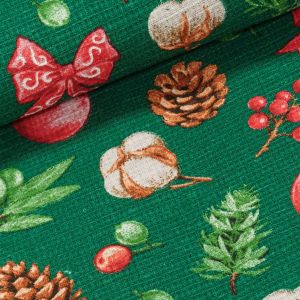 Bavlněné plátno vaflovina, utěrkovina / štola na metráž vánoční 703023, ovoce a šišky na tmavě zelené, š. 50cm (látka v metráži)