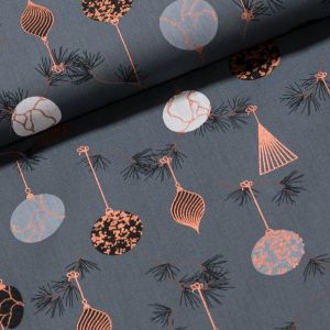 Bavlněné plátno vánoční 20754-007 baňky na tmavě šedé, š.140cm (látka v metráži)