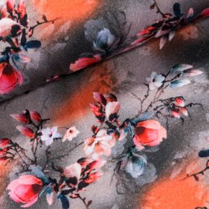 Bavlněný úplet 6-01424 DIGITÁLNÍ TISK magnolie a květy na šedé, š.140cm (látka v metráži)