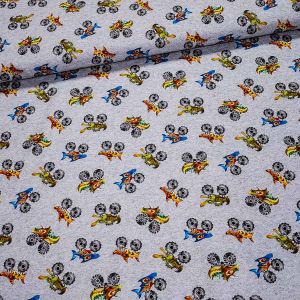 Bavlněný úplet dětský TEPLÁKOVINA 16533/061 čtyřkolky na šedé, š.150cm (látka v metráži)