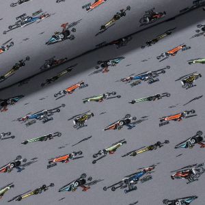 Bavlněný úplet dětský TEPLÁKOVINA 7758-004, formule na šedé, počesaná, š.150cm (látka v metráži)