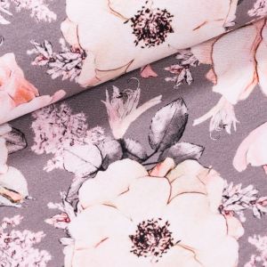Bavlněný úplet TEPLÁKOVINA 4842 4912, lososové šípkové růže na šedé, š.180cm (látka v metráži)