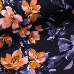 Bavlněný úplet TEPLÁKOVINA 5847-001, modré a rezavé květy, š.145cm (látka v metráži)