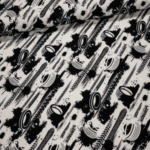 Bavlněný úplet TEPLÁKOVINA 888996 pneumatiky, bílo-černá, š.180cm (látka v metráži)