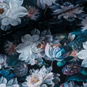 Bavlněný úplet TEPLÁKOVINA DIGÁLNÍ TISK 6-18523, květy na modré, š.140cm (látka v metráži)