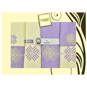 Dárkový set froté ručníků a osušek 188, 6-dílný, fialová a krémová s výšivkou 2x 30x50cm + 2x 50x90cm + 2x 70x140cm