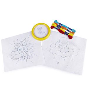 Dětská vyšívací sada s předtištěným motivem 380095/4, sluníčko a mráček (rámeček, předtisk a příze)