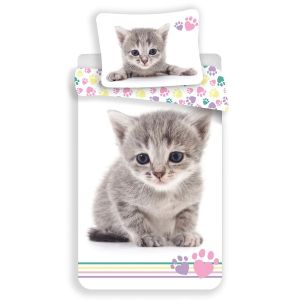 Dětské povlečení KITTEN COLOUR, šedé kotě na bílé, fototisk, bavlna hladká, 140x200cm + 70x90cm 