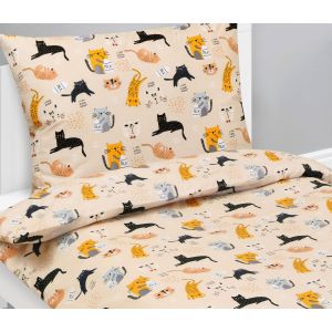 Dětské povlečení KOČIČKA BÉŽOVÁ, ŽLUTÁ, ŠEDÁ, bavlna hladká, 140x200cm + 70x90cm 