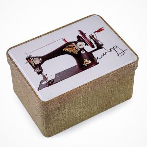 Krabička na šití a jehly, plechová 790322/4, béžová, šicí stroj, 9,5 x 12,5 x 6,5cm (obdélník)