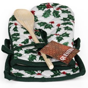Kuchyňská chňapka vánoční AK-3945, cesmína, zelená 28x18cm + podložka 20x20cm + vařečka
