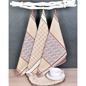 Kuchyňské utěrky EGYPTSKÁ BAVLNA DORO BEIGE MIX, béžové ornamenty v proužku a kostka, 3 kusy, 50x70cm