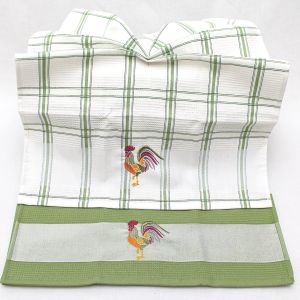 Kuchyňské utěrky KOHOUT vaflové vyšívané, zeleno-bílá, 2 kusy 45x70cm