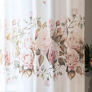 Kusová záclona voálová RŮŽE, růžová na bílé, s řasicí páskou a olůvkem, (více rozměrů)