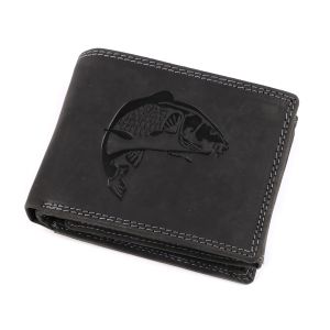 Pánská kožená rybářská peněženka s RFID ochranou, 870349/22, černá - ryba, matná, 9,5 x 15 x 3,5 cm
