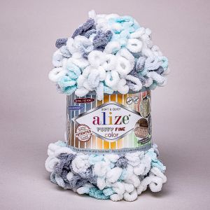Pletací příze Alize PUFFY FINE COLOR 5939 šedo-tyrkysovo-bílý melír, efektní, 100g/14m