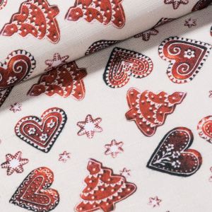 Polyesterové plátno s teflonovou úpravou / ubrusovina vánoční, perníčky na smetanové, š.160cm (látka v metráži)