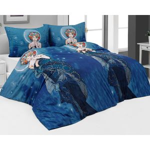 Povlečení Matějovský ALFONS MUCHA MOON, modré, bavlna hladká digitál, 140x200cm + 70x90cm