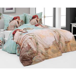 Povlečení Matějovský ALFONS MUCHA SUMMER, béžovo-svetle modré, bavlna hladká digitál, 140x200cm + 70x90cm