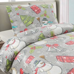 Povlečení NAVIDAD, vánoční motiv, sněhuláci na šedé, mikroflanel, 140x200cm + 70x90cm