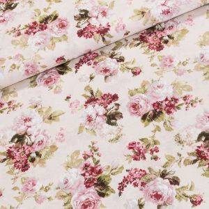 Směsové plátno ELIANA ROSE bílé a červené růže na béžové, š.140cm (látka v metráži)
