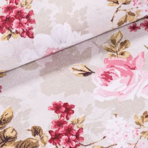 Směsové plátno LUO ROSA, vínové květy a růže na režné, š.140cm (látka v metráži)
