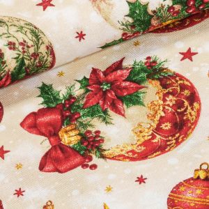 Směsové plátno vánoční 513030 BONDAD UNICO, vánoční růže a červené baňky na béžové, š.140cm (látka v metráži)