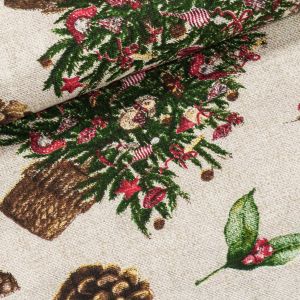 Směsové plátno vánoční 513030 UNICO ESTELIA, vánoční stromeček a šišky na režné, š.140cm (látka v metráži)