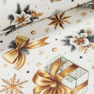 Směsové plátno vánoční 513032 5861 DIGITÁLNÍ TISK, vánoční stromeček a zlaté mašle na bílé, š.140cm (látka v metráži)