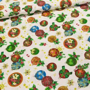 Směsové plátno vánoční BEST ozdobné vánoční baňky na režné, š.140cm (látka v metráži)