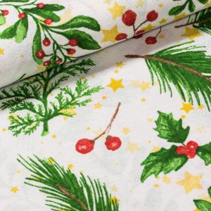 Směsové plátno vánoční DAGO větvičky na bílé, š.140cm (látka v metráži)
