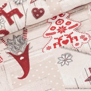 Směsové plátno vánoční DECORA NAVIDAD, skřítci na béžovém dřevě, š.140cm (látka v metráži)