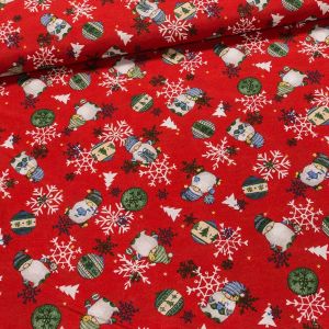 Směsové plátno vánoční DUNDI ČERVENÁ skřítci, vločky a baňky, š.140cm (látka v metráži)