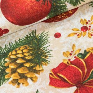 Směsové plátno vánoční LONETA 803030 CORENTIN, baňky a šišky na béžové, š.140cm (látka v metráži)