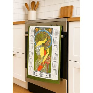 Textilní kalendář, utěrka ALFONS MUCHA 2026, zelený, 45x65cm, bez hůlky
