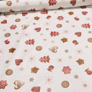 Ubrus PVC s textilním podkladem vánoční 5742410 perníčky a vločky na smetanové, š.140cm (metráž)