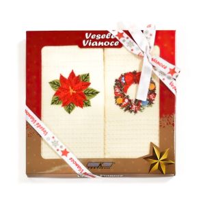 Utěrka KIARA VÁNOCE 59 vaflová vyšívaná, dárkové balení, věneček, vánoční růže na smetanové, 2 kusy 50x70cm