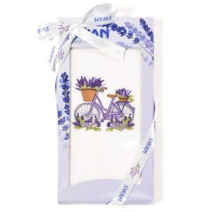 Utěrka SWAN 57 vaflová vyšívaná, dárkové balení, levandule a kolo na bílé, 1 kus 50x70cm