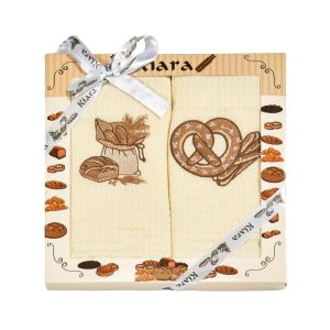 Utěrky KIARA 152 vaflové vyšívané, dárkové balení, pečivo a preclík na smetanové, 2 kusy 50x70cm