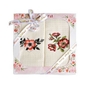 Utěrky KIARA 135 vaflové vyšívané, dárkové balení, šípkové růže na smetanové, 2 kusy 50x70cm