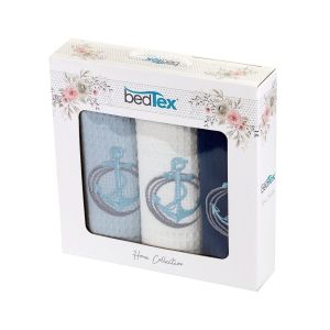 Utěrky vaflové / dárkové balení KOTVY, modré s výšivkou, 3 kusy 40x60cm