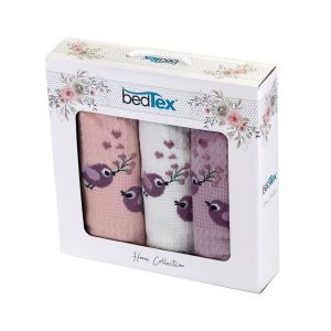 Utěrky vaflové / dárkové balení PTÁČCI, růžové s výšivkou, 3 kusy 40x60cm