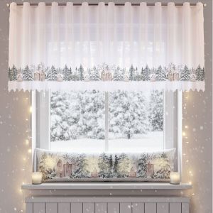 Vánoční dekorační polštářek, okenní válec proti průvanu SVÍTÍCÍ CYH6064R,  domečky, béžovo-zelená 18x85cm