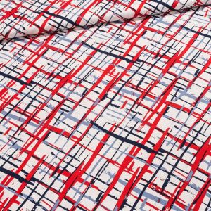 Viskózový úplet 0050/01 modro-červené šmouhy na bílé, š.150cm (látka v metráži)