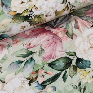 Viskózový úplet B0264, čajové růže na světle zelené, š.160cm (látka v metráži)