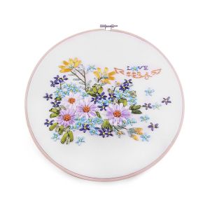 Vyšívací sada s předtištěným motivem 380731/3, žluté a fialové kvítky (rámeček, předtisk, jehly a příze), průměr 26,5cm